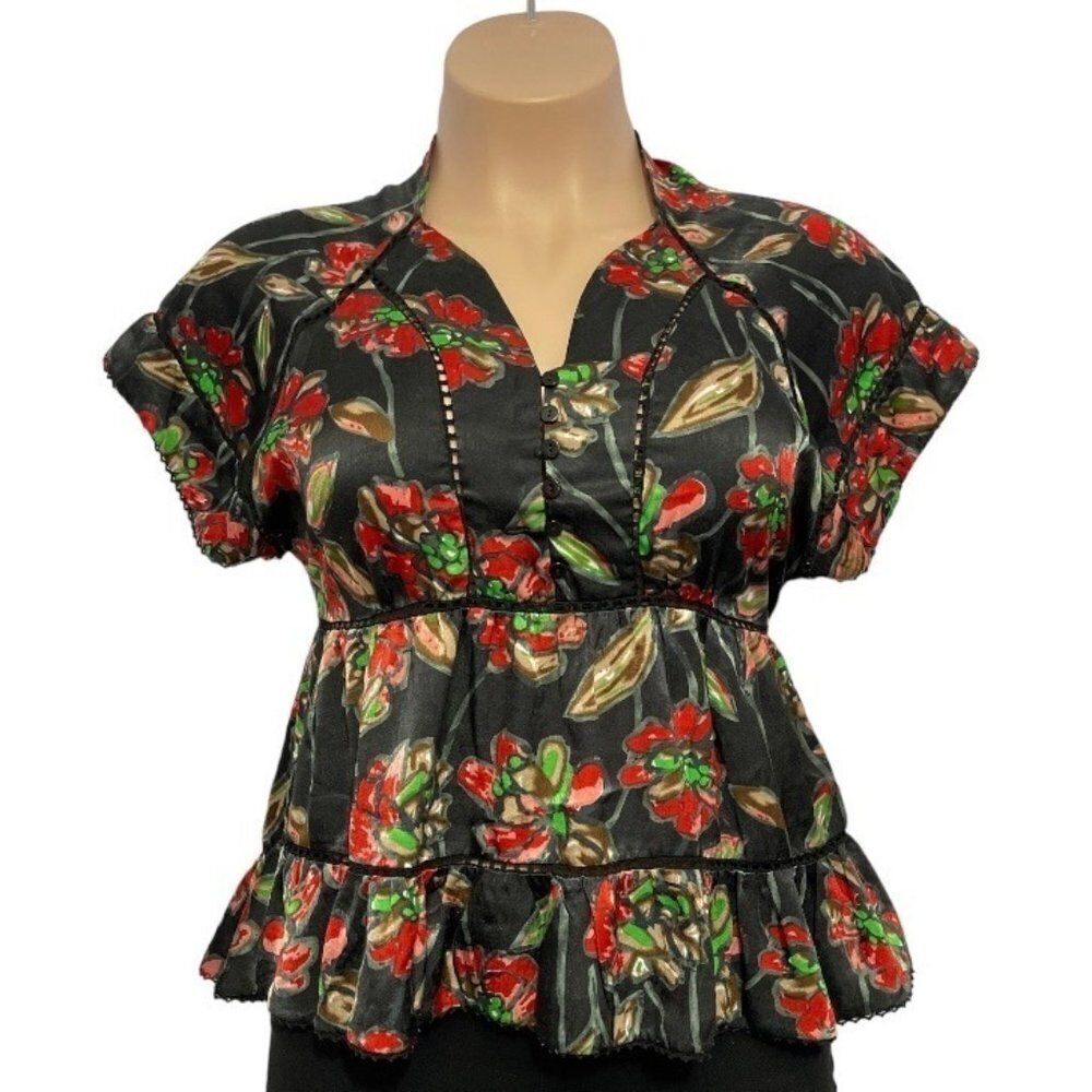 ESLEY Boho Casual Cinch-Waist Floral Top Large Black Multicolor‎ Hi-Lo Baby-Doll